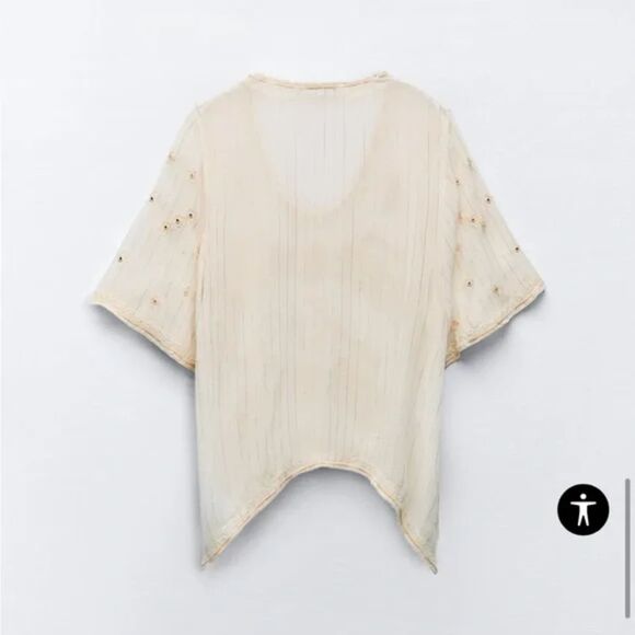 Cream Zara Bead Embellished Embroidered Striped Metallic Thread Blouse Top (NWT) - Picture 6 of 7